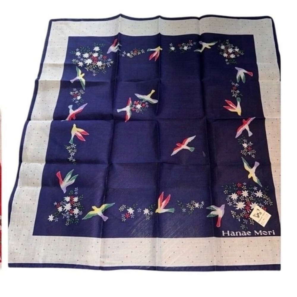 Hanae Mori Vintage Cotton Handkerchief Navy Blue Bird Floral Print Japan NWT m